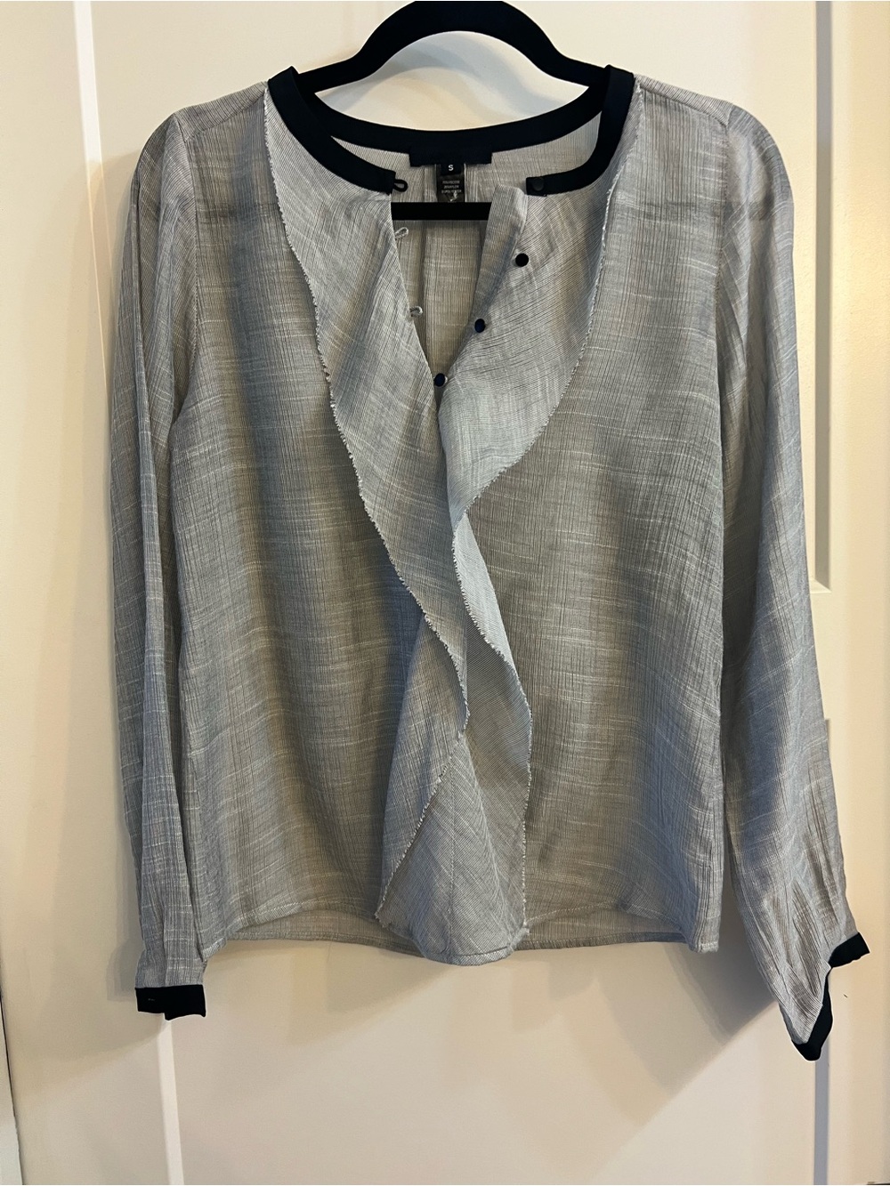 Kerisma Sheer Light Gray Ruffle Front Blouse with Black Trim